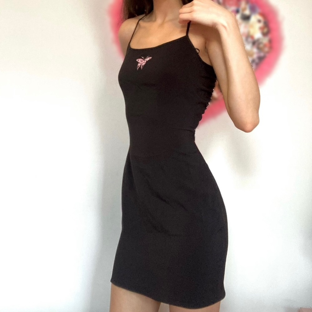 Black bodycon halter dress with pink butterfly